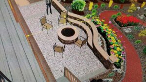 A bird's-eye view of a landscaped patio with a central fire pit surrounded by four chairs.